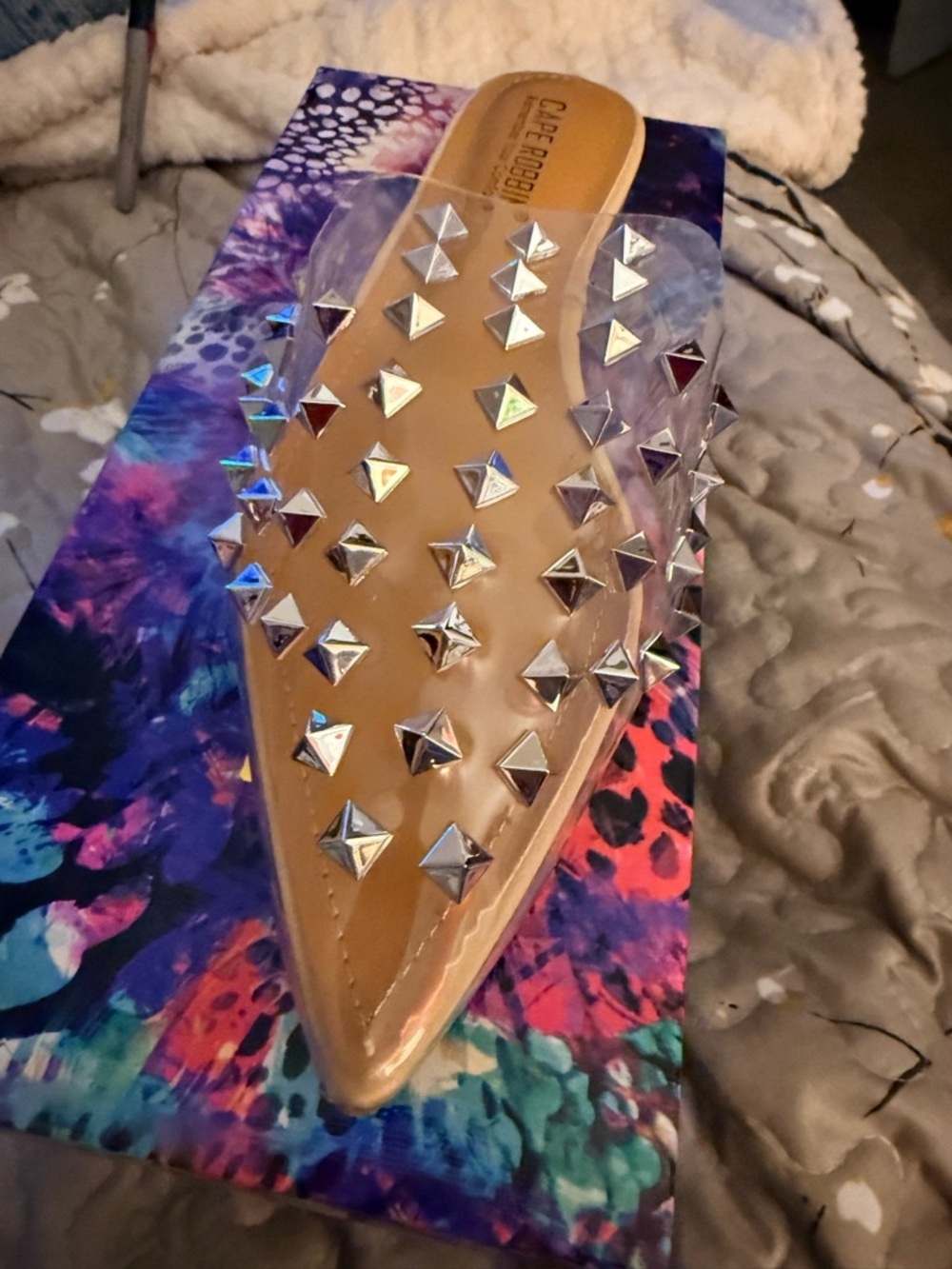 Cape Robbin Tan Pointed Mule with Clear Studded Upper